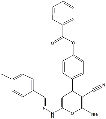 4-[6-amino-5-cyano-3-(4-methylphenyl)-1,4-dihydropyrano[2,3-c]pyrazol-4-yl]phenyl benzoate 구조식 이미지