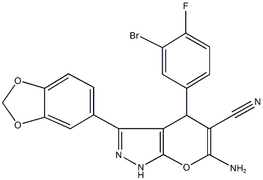 6-amino-3-(1,3-benzodioxol-5-yl)-4-(3-bromo-4-fluorophenyl)-1,4-dihydropyrano[2,3-c]pyrazole-5-carbonitrile 구조식 이미지