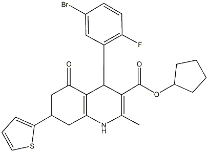 cyclopentyl 4-(5-bromo-2-fluorophenyl)-2-methyl-5-oxo-7-(2-thienyl)-1,4,5,6,7,8-hexahydro-3-quinolinecarboxylate Structure