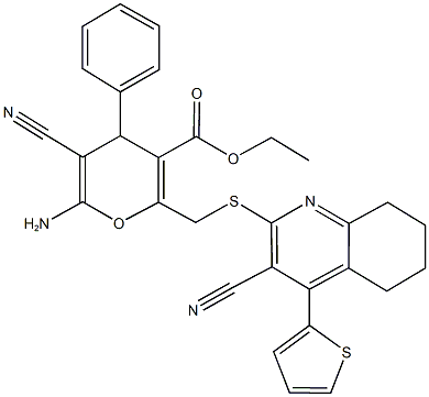 ethyl 6-amino-5-cyano-2-({[3-cyano-4-(2-thienyl)-5,6,7,8-tetrahydro-2-quinolinyl]sulfanyl}methyl)-4-phenyl-4H-pyran-3-carboxylate 구조식 이미지