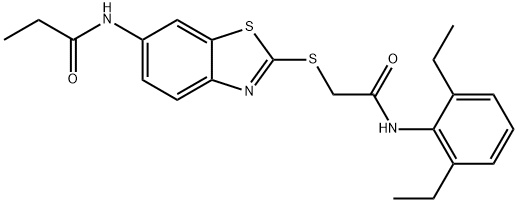 N-(2-{[2-(2,6-diethylanilino)-2-oxoethyl]sulfanyl}-1,3-benzothiazol-6-yl)propanamide 구조식 이미지