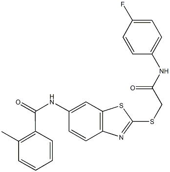 N-(2-{[2-(4-fluoroanilino)-2-oxoethyl]sulfanyl}-1,3-benzothiazol-6-yl)-2-methylbenzamide 구조식 이미지