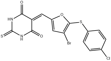 5-({4-bromo-5-[(4-chlorophenyl)sulfanyl]-2-furyl}methylene)-2-thioxodihydro-4,6(1H,5H)-pyrimidinedione 구조식 이미지