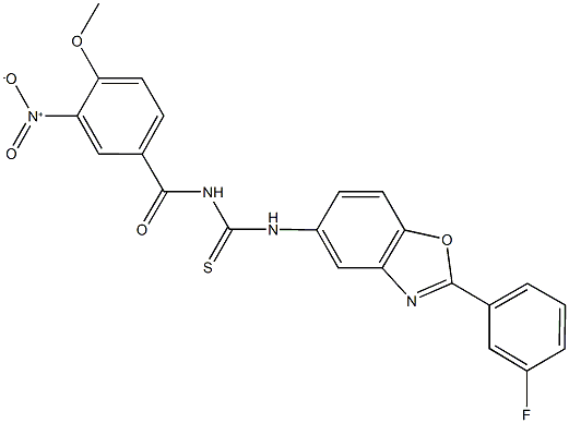 N-[2-(3-fluorophenyl)-1,3-benzoxazol-5-yl]-N'-{3-nitro-4-methoxybenzoyl}thiourea 구조식 이미지