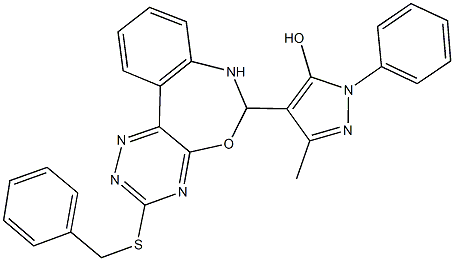 4-[3-(benzylsulfanyl)-6,7-dihydro[1,2,4]triazino[5,6-d][3,1]benzoxazepin-6-yl]-3-methyl-1-phenyl-1H-pyrazol-5-ol Structure