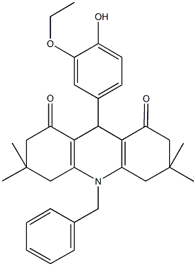 10-benzyl-9-(3-ethoxy-4-hydroxyphenyl)-3,3,6,6-tetramethyl-3,4,6,7,9,10-hexahydro-1,8(2H,5H)-acridinedione 구조식 이미지