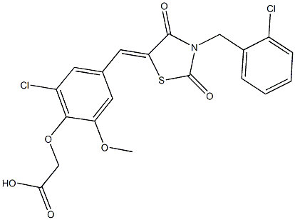 (2-chloro-4-{[3-(2-chlorobenzyl)-2,4-dioxo-1,3-thiazolidin-5-ylidene]methyl}-6-methoxyphenoxy)acetic acid Structure
