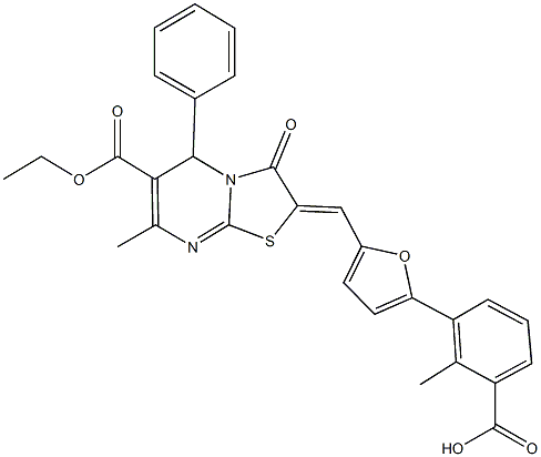3-{5-[(6-(ethoxycarbonyl)-7-methyl-3-oxo-5-phenyl-5H-[1,3]thiazolo[3,2-a]pyrimidin-2(3H)-ylidene)methyl]-2-furyl}-2-methylbenzoic acid 구조식 이미지