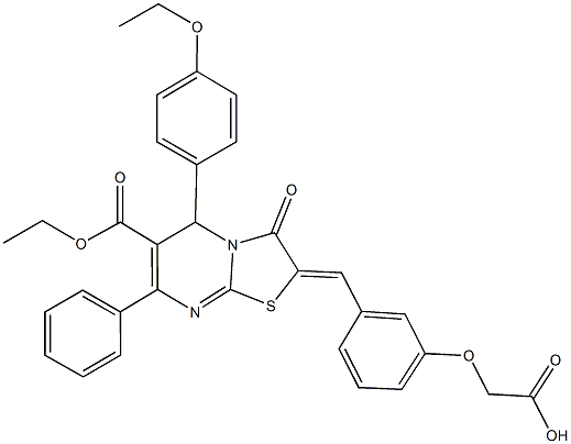 {3-[(6-(ethoxycarbonyl)-5-(4-ethoxyphenyl)-3-oxo-7-phenyl-5H-[1,3]thiazolo[3,2-a]pyrimidin-2(3H)-ylidene)methyl]phenoxy}acetic acid 구조식 이미지