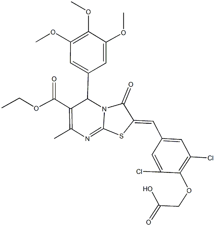 {2,6-dichloro-4-[(6-(ethoxycarbonyl)-7-methyl-3-oxo-5-(3,4,5-trimethoxyphenyl)-5H-[1,3]thiazolo[3,2-a]pyrimidin-2(3H)-ylidene)methyl]phenoxy}acetic acid Structure