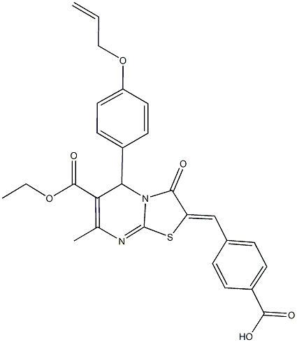 4-[(5-[4-(allyloxy)phenyl]-6-(ethoxycarbonyl)-7-methyl-3-oxo-5H-[1,3]thiazolo[3,2-a]pyrimidin-2(3H)-ylidene)methyl]benzoic acid 구조식 이미지