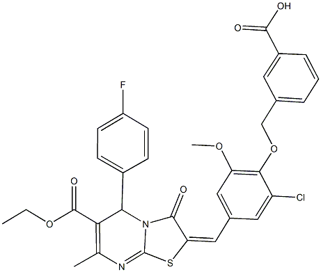 3-({2-chloro-4-[(6-(ethoxycarbonyl)-5-(4-fluorophenyl)-7-methyl-3-oxo-5H-[1,3]thiazolo[3,2-a]pyrimidin-2(3H)-ylidene)methyl]-6-methoxyphenoxy}methyl)benzoic acid 구조식 이미지