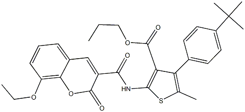 propyl 4-(4-tert-butylphenyl)-2-{[(8-ethoxy-2-oxo-2H-chromen-3-yl)carbonyl]amino}-5-methyl-3-thiophenecarboxylate 구조식 이미지