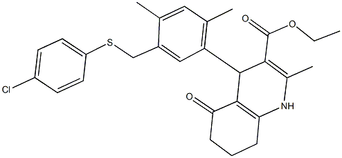 ethyl 4-(5-{[(4-chlorophenyl)sulfanyl]methyl}-2,4-dimethylphenyl)-2-methyl-5-oxo-1,4,5,6,7,8-hexahydro-3-quinolinecarboxylate 구조식 이미지