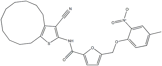 N-(3-cyano-4,5,6,7,8,9,10,11,12,13-decahydrocyclododeca[b]thien-2-yl)-5-({2-nitro-4-methylphenoxy}methyl)-2-furamide 구조식 이미지