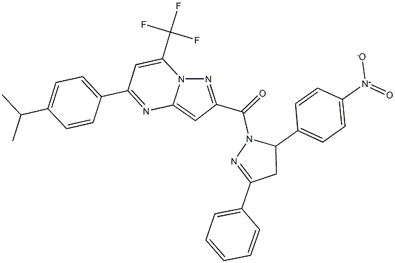 2-[(5-{4-nitrophenyl}-3-phenyl-4,5-dihydro-1H-pyrazol-1-yl)carbonyl]-5-(4-isopropylphenyl)-7-(trifluoromethyl)pyrazolo[1,5-a]pyrimidine 구조식 이미지