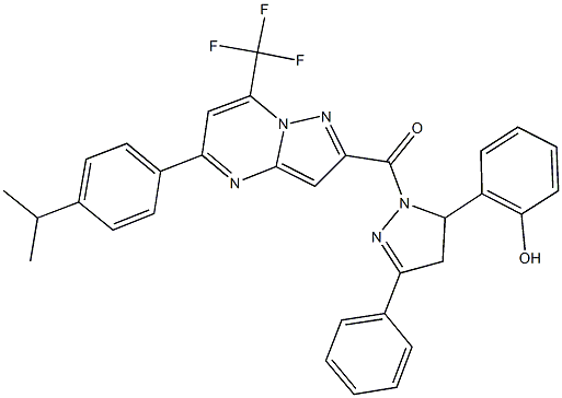 2-(1-{[5-(4-isopropylphenyl)-7-(trifluoromethyl)pyrazolo[1,5-a]pyrimidin-2-yl]carbonyl}-3-phenyl-4,5-dihydro-1H-pyrazol-5-yl)phenol Structure