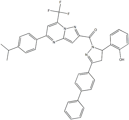 2-(3-[1,1'-biphenyl]-4-yl-1-{[5-(4-isopropylphenyl)-7-(trifluoromethyl)pyrazolo[1,5-a]pyrimidin-2-yl]carbonyl}-4,5-dihydro-1H-pyrazol-5-yl)phenol Structure