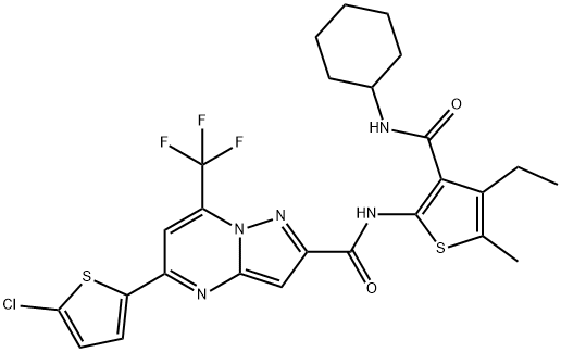 5-(5-chloro-2-thienyl)-N-{3-[(cyclohexylamino)carbonyl]-4-ethyl-5-methyl-2-thienyl}-7-(trifluoromethyl)pyrazolo[1,5-a]pyrimidine-2-carboxamide 구조식 이미지