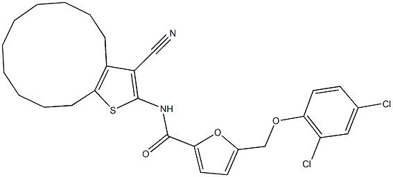 N-(3-cyano-4,5,6,7,8,9,10,11,12,13-decahydrocyclododeca[b]thien-2-yl)-5-[(2,4-dichlorophenoxy)methyl]-2-furamide 구조식 이미지