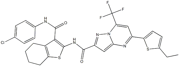 N-{3-[(4-chloroanilino)carbonyl]-4,5,6,7-tetrahydro-1-benzothien-2-yl}-5-(5-ethyl-2-thienyl)-7-(trifluoromethyl)pyrazolo[1,5-a]pyrimidine-2-carboxamide 구조식 이미지