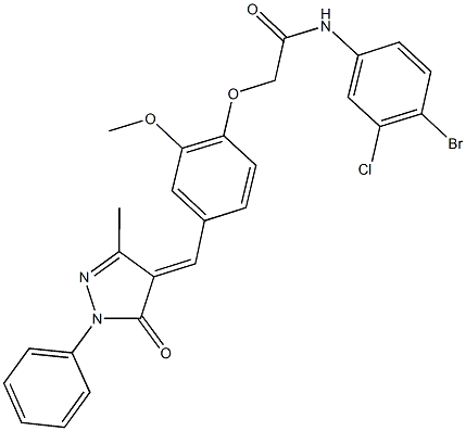 N-(4-bromo-3-chlorophenyl)-2-{2-methoxy-4-[(3-methyl-5-oxo-1-phenyl-1,5-dihydro-4H-pyrazol-4-ylidene)methyl]phenoxy}acetamide 구조식 이미지