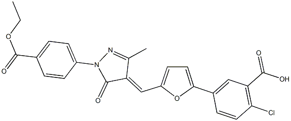 2-chloro-5-[5-({1-[4-(ethoxycarbonyl)phenyl]-3-methyl-5-oxo-1,5-dihydro-4H-pyrazol-4-ylidene}methyl)-2-furyl]benzoic acid Structure