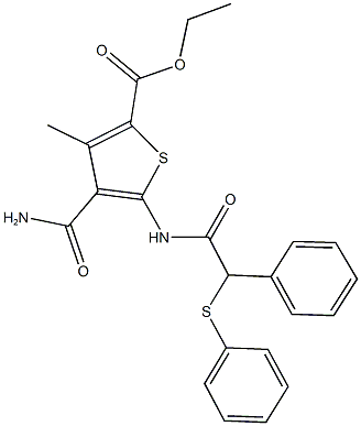 ethyl 4-(aminocarbonyl)-3-methyl-5-{[phenyl(phenylsulfanyl)acetyl]amino}thiophene-2-carboxylate 구조식 이미지