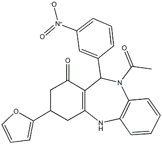 10-acetyl-3-(2-furyl)-11-{3-nitrophenyl}-2,3,4,5,10,11-hexahydro-1H-dibenzo[b,e][1,4]diazepin-1-one Structure