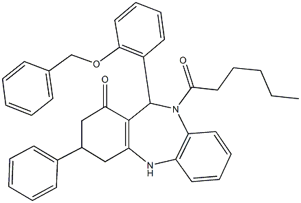 11-[2-(benzyloxy)phenyl]-10-hexanoyl-3-phenyl-2,3,4,5,10,11-hexahydro-1H-dibenzo[b,e][1,4]diazepin-1-one 구조식 이미지