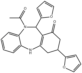 10-acetyl-3,11-di(2-furyl)-2,3,4,5,10,11-hexahydro-1H-dibenzo[b,e][1,4]diazepin-1-one 구조식 이미지