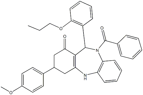 10-benzoyl-3-(4-methoxyphenyl)-11-(2-propoxyphenyl)-2,3,4,5,10,11-hexahydro-1H-dibenzo[b,e][1,4]diazepin-1-one 구조식 이미지