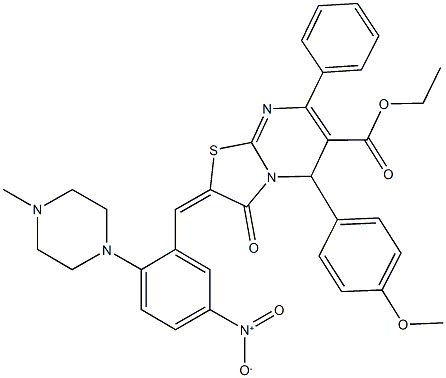 ethyl 2-[5-nitro-2-(4-methyl-1-piperazinyl)benzylidene]-5-(4-methoxyphenyl)-3-oxo-7-phenyl-2,3-dihydro-5H-[1,3]thiazolo[3,2-a]pyrimidine-6-carboxylate 구조식 이미지