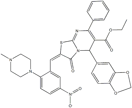 ethyl 5-(1,3-benzodioxol-5-yl)-2-[5-nitro-2-(4-methyl-1-piperazinyl)benzylidene]-3-oxo-7-phenyl-2,3-dihydro-5H-[1,3]thiazolo[3,2-a]pyrimidine-6-carboxylate 구조식 이미지