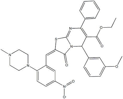 ethyl 2-[5-nitro-2-(4-methyl-1-piperazinyl)benzylidene]-5-(3-methoxyphenyl)-3-oxo-7-phenyl-2,3-dihydro-5H-[1,3]thiazolo[3,2-a]pyrimidine-6-carboxylate 구조식 이미지