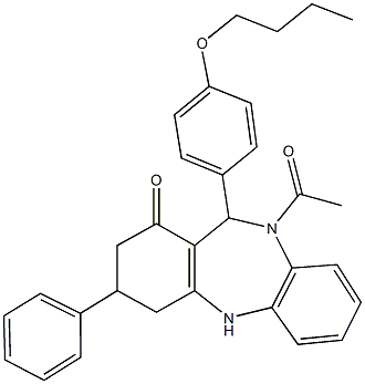 10-acetyl-11-(4-butoxyphenyl)-3-phenyl-2,3,4,5,10,11-hexahydro-1H-dibenzo[b,e][1,4]diazepin-1-one Structure