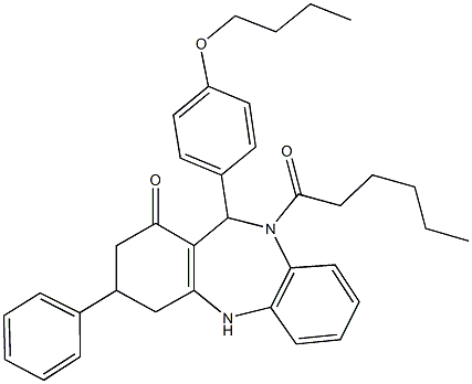 11-(4-butoxyphenyl)-10-hexanoyl-3-phenyl-2,3,4,5,10,11-hexahydro-1H-dibenzo[b,e][1,4]diazepin-1-one 구조식 이미지