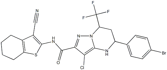 5-(4-bromophenyl)-3-chloro-N-(3-cyano-4,5,6,7-tetrahydro-1-benzothien-2-yl)-7-(trifluoromethyl)-4,5,6,7-tetrahydropyrazolo[1,5-a]pyrimidine-2-carboxamide 구조식 이미지