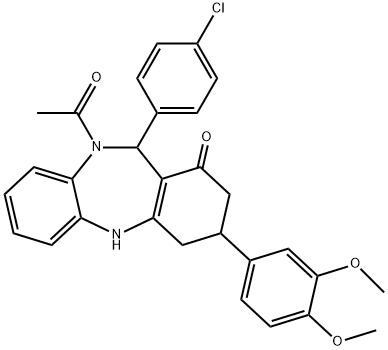 10-acetyl-11-(4-chlorophenyl)-3-(3,4-dimethoxyphenyl)-2,3,4,5,10,11-hexahydro-1H-dibenzo[b,e][1,4]diazepin-1-one 구조식 이미지