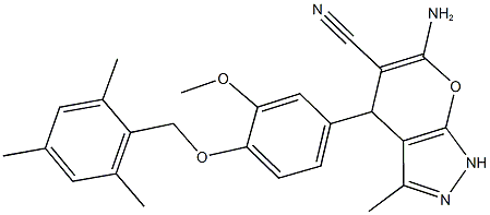 6-amino-4-[4-(mesitylmethoxy)-3-methoxyphenyl]-3-methyl-1,4-dihydropyrano[2,3-c]pyrazole-5-carbonitrile 구조식 이미지