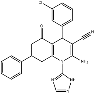 2-amino-4-(3-chlorophenyl)-5-oxo-7-phenyl-1-(1H-1,2,4-triazol-3-yl)-1,4,5,6,7,8-hexahydro-3-quinolinecarbonitrile Structure