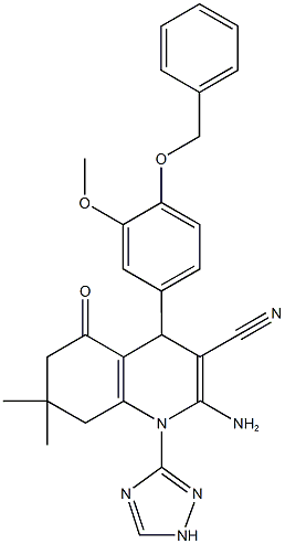 2-amino-4-[4-(benzyloxy)-3-methoxyphenyl]-7,7-dimethyl-5-oxo-1-(1H-1,2,4-triazol-3-yl)-1,4,5,6,7,8-hexahydro-3-quinolinecarbonitrile Structure