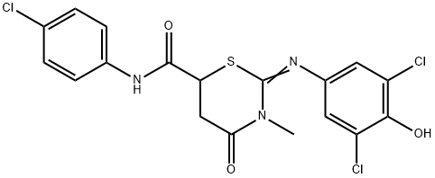 N-(4-chlorophenyl)-2-[(3,5-dichloro-4-hydroxyphenyl)imino]-3-methyl-4-oxo-1,3-thiazinane-6-carboxamide 구조식 이미지