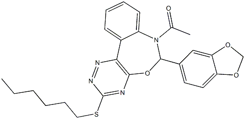 7-acetyl-6-(1,3-benzodioxol-5-yl)-6,7-dihydro[1,2,4]triazino[5,6-d][3,1]benzoxazepin-3-yl hexyl sulfide 구조식 이미지