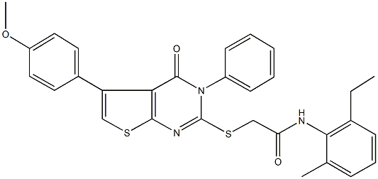 N-(2-ethyl-6-methylphenyl)-2-{[5-(4-methoxyphenyl)-4-oxo-3-phenyl-3,4-dihydrothieno[2,3-d]pyrimidin-2-yl]sulfanyl}acetamide 구조식 이미지
