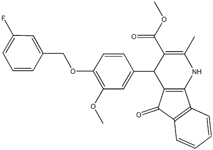 methyl 4-{4-[(3-fluorobenzyl)oxy]-3-methoxyphenyl}-2-methyl-5-oxo-4,5-dihydro-1H-indeno[1,2-b]pyridine-3-carboxylate 구조식 이미지