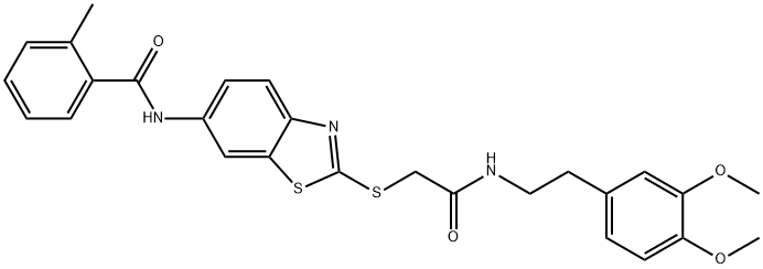 N-{2-[(2-{[2-(3,4-dimethoxyphenyl)ethyl]amino}-2-oxoethyl)sulfanyl]-1,3-benzothiazol-6-yl}-2-methylbenzamide 구조식 이미지