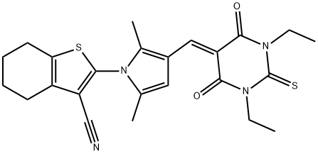 2-{3-[(1,3-diethyl-4,6-dioxo-2-thioxotetrahydro-5(2H)-pyrimidinylidene)methyl]-2,5-dimethyl-1H-pyrrol-1-yl}-4,5,6,7-tetrahydro-1-benzothiophene-3-carbonitrile 구조식 이미지