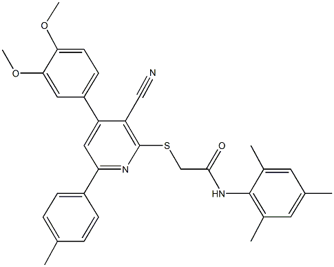 2-{[3-cyano-4-(3,4-dimethoxyphenyl)-6-(4-methylphenyl)-2-pyridinyl]sulfanyl}-N-mesitylacetamide 구조식 이미지