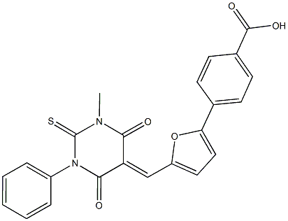 4-{5-[(1-methyl-4,6-dioxo-3-phenyl-2-thioxotetrahydro-5(2H)-pyrimidinylidene)methyl]-2-furyl}benzoic acid Structure